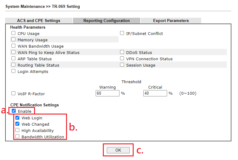 a screenshot of Reporting Configuration